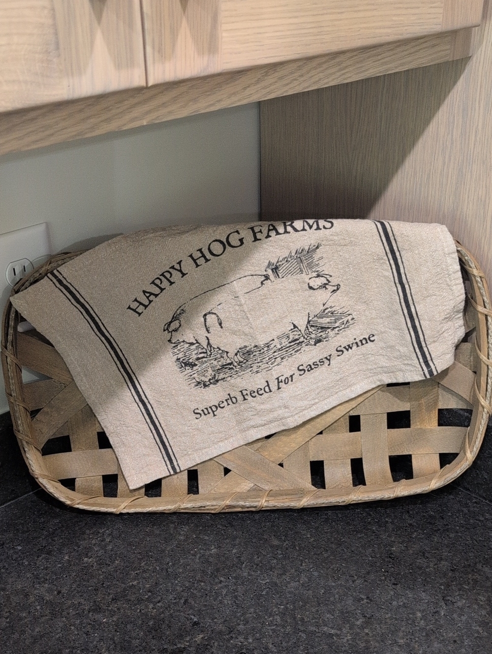 Vintage Basket With Happy Hog Farms Farmhouse Tea Towel